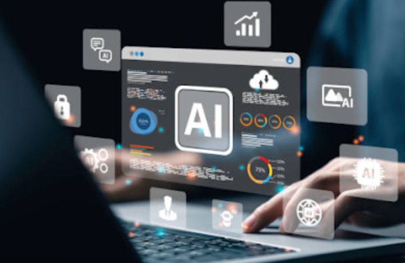 Someone typing on a computer with icons suspended in the air above it, including one that says "AI"