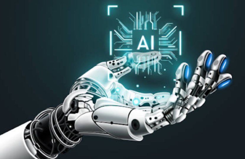 A robotic hand holding a blue AI symbol