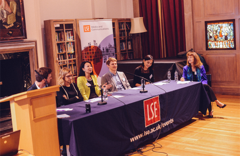 Professor Patricia Riley (far right) moderates the alumni panel at LSE.