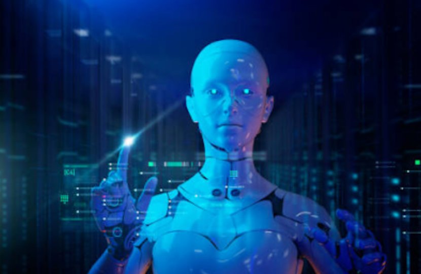 A blue robotic person staring at the viewer in a coded computer environment
