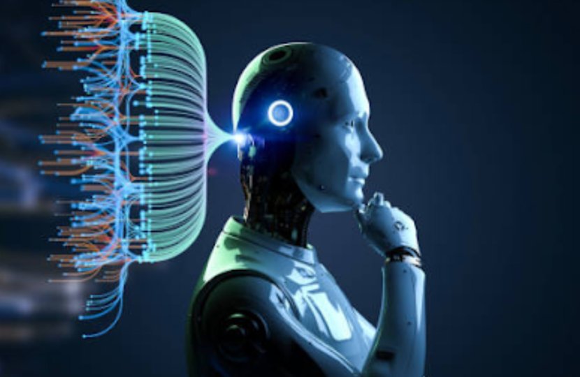 A robot in profile with wires connected to the back of its head