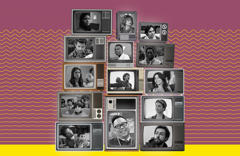 Cover showing different actors who portrayed immigrants in television in TV screens