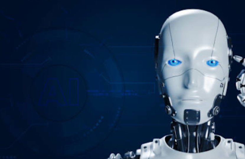A robot with a finger to its head, looking at the viewer