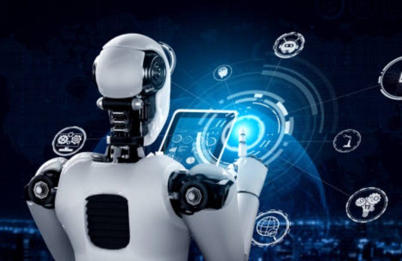 A robot with an electronic tablet. 