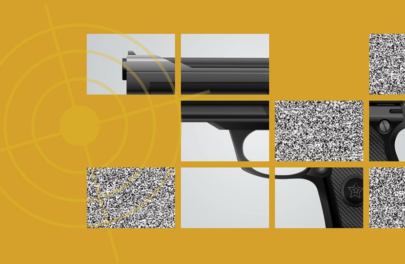 collage of hand gun on yellow backdrop with tv noise in some four squares of a 4x3 grid