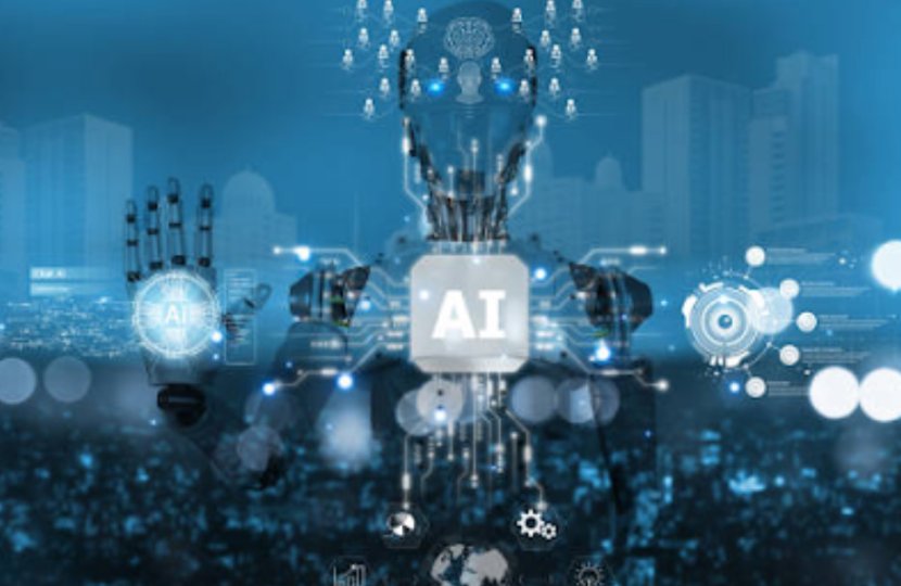 A robot in front of a blue city with "AI" on the front