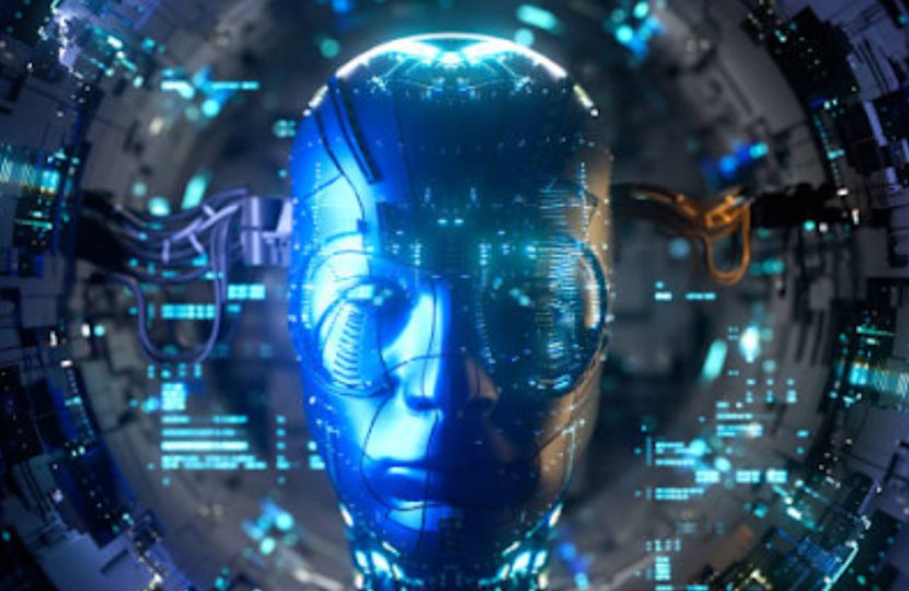 A robot's head against a computer/technology background