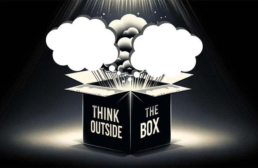 Box exploding with the words "Think outside the box" written onto it