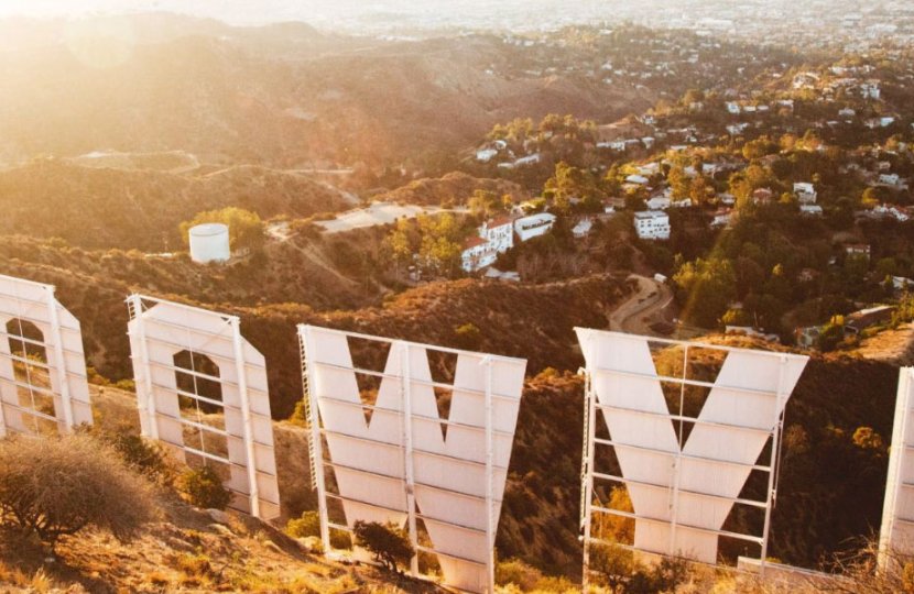 Photo of the back of the Hollywood sign