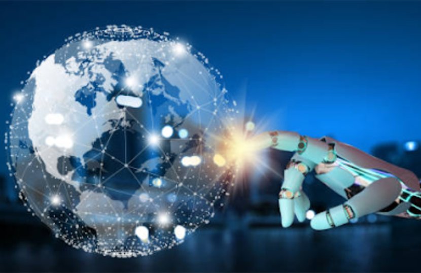 A robotic hand touching a globe
