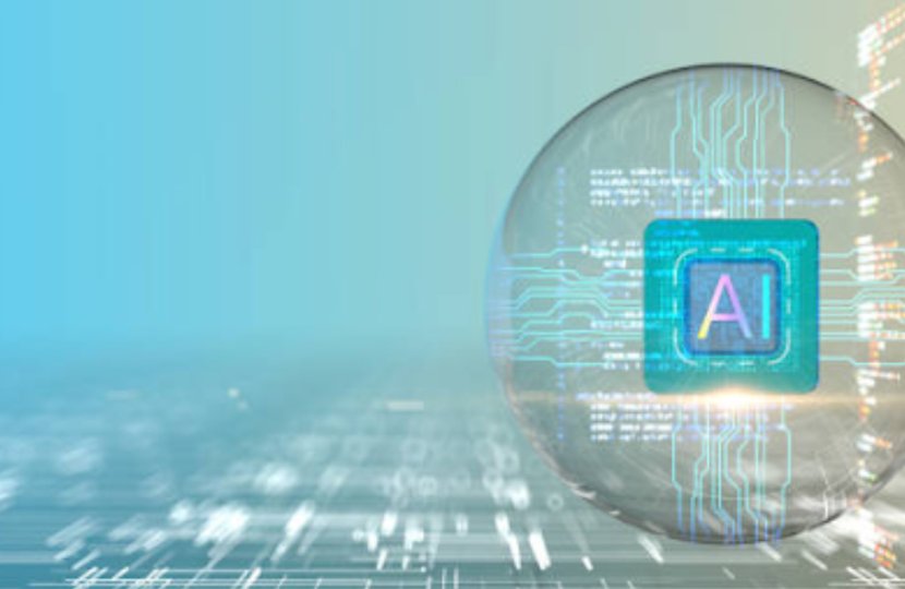 A bubble with the word "AI" inside of it, floating above a blue and white plain against a blue background