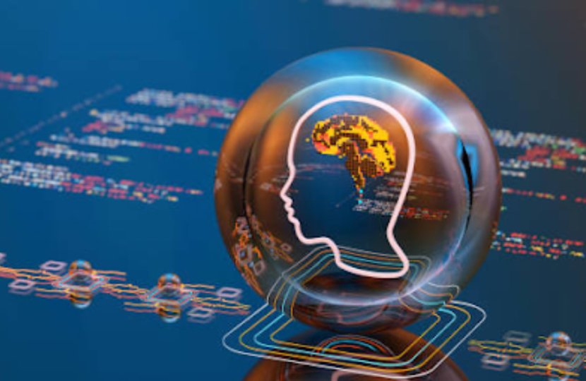 An outline of a human head in a crystal ball, on top of a board of computational circuitry