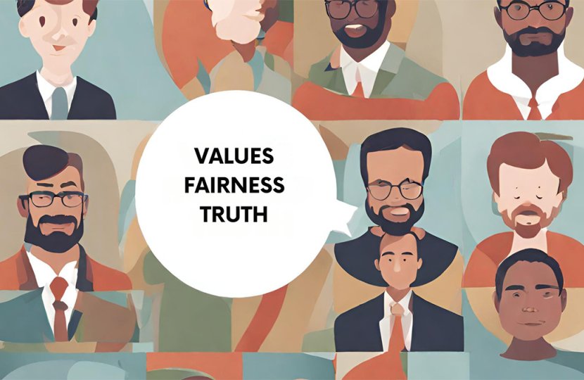 Collection of different people with "Values fairness truth" in a speech bubble