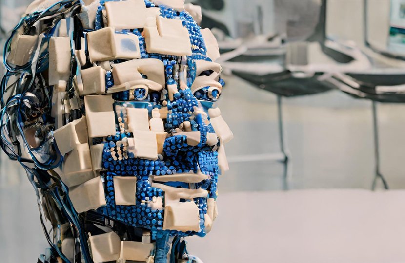 Robot comprised of wiring and technology with a human-like face