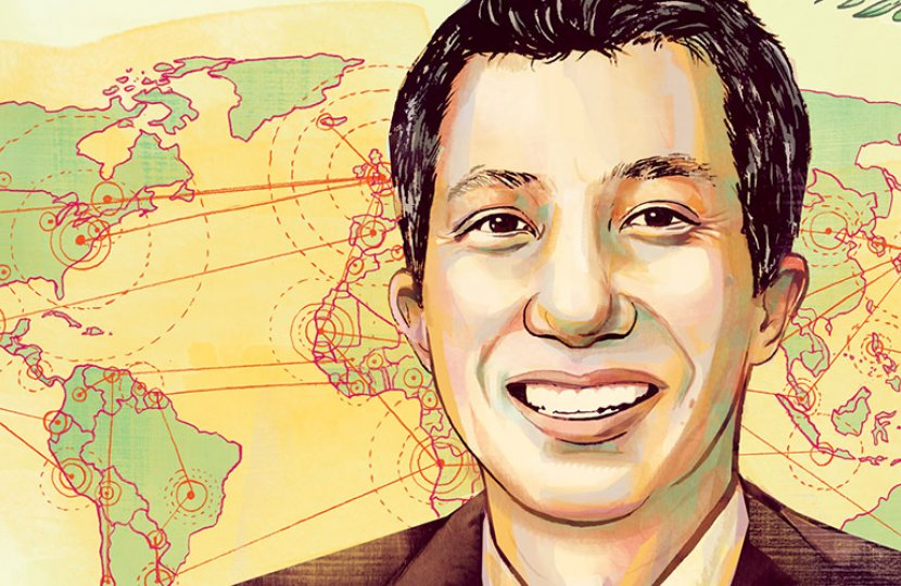 Illustration of Jay Wang on a map of the world