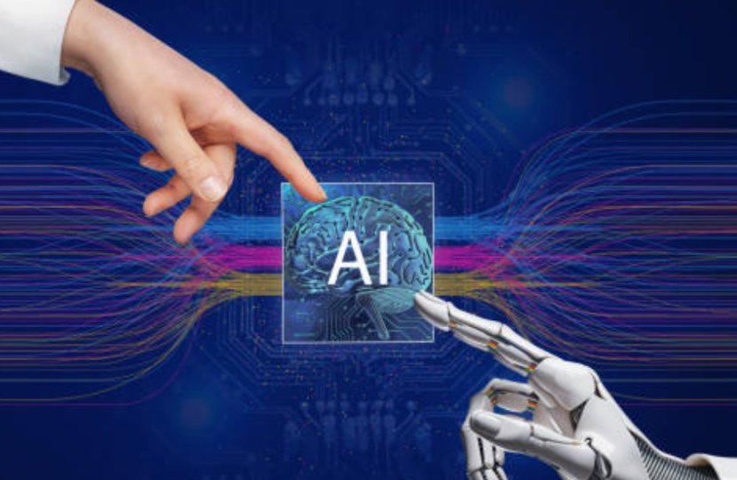 A robot hand reaching out to touch a human's, with "AI" in between them.