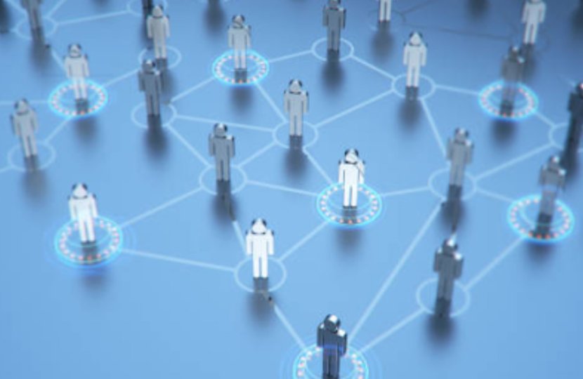 Avatars of people on a blue platform with lines connecting them on the floor