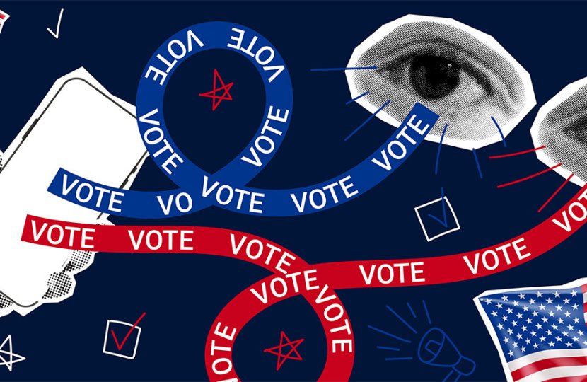 An illustration of ribbons, eyes, and a phone with text that says "VOTE"