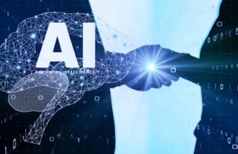 Two shadowed figures shaking hands with a brain and "AI" labeled on the brain