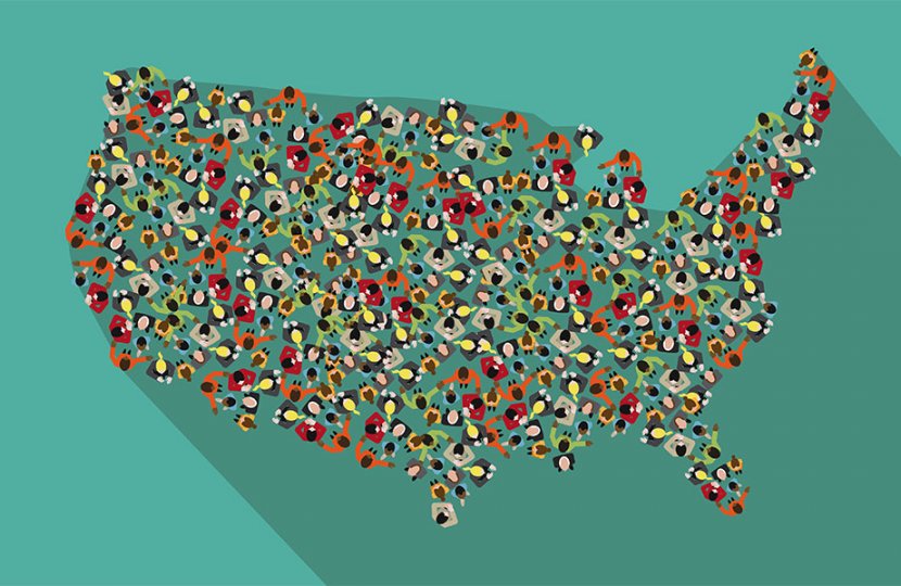 Graphic about the US census where the United States is depicted with many people all over the country