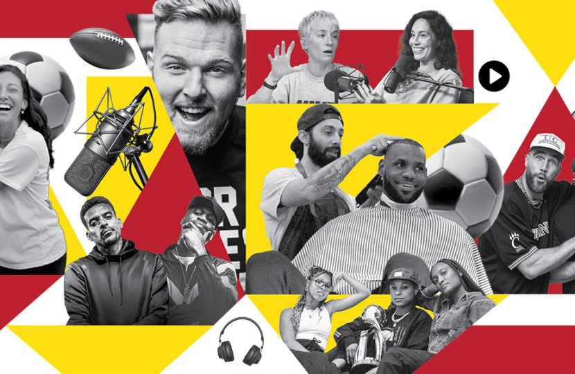 A collage of black and white photos of famous athletes who own their own media platforms over geometric gold and cardinal shapes.