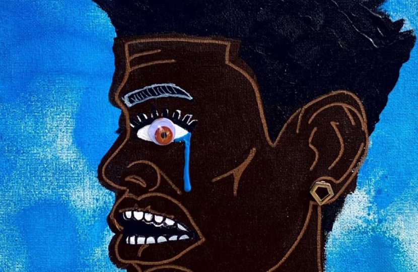 Illustration of a black man's face in side profile, with one tear leaking from a red eye. In front of a blue background.