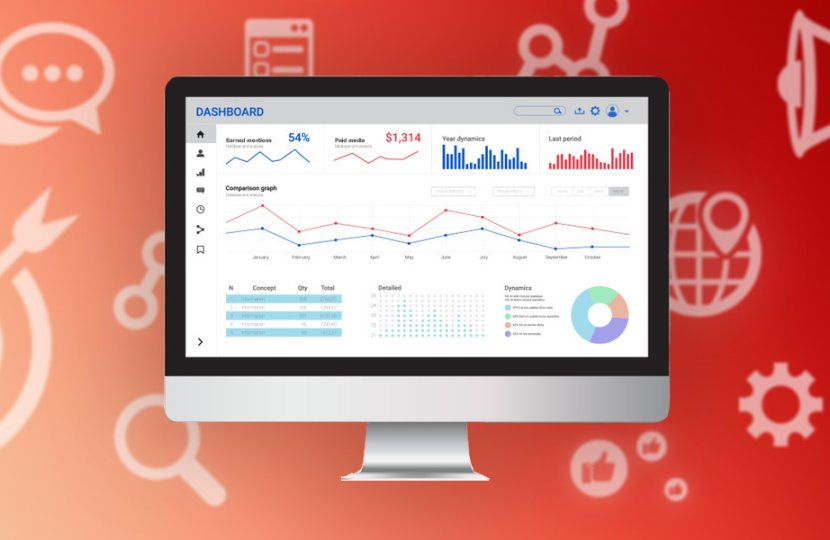productivity icons floating on red gradient background with computer screen in the center that has various charts and graphs