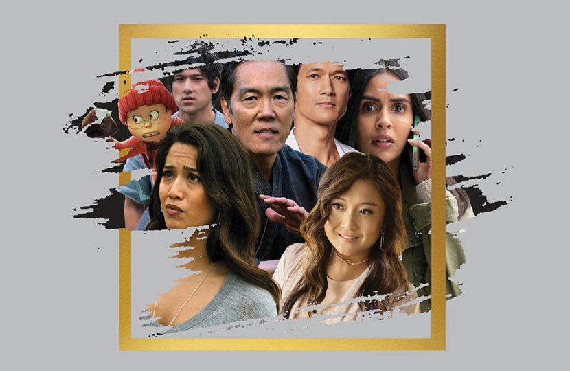 collage of popular Asian actors and animated characters in gold frame on grey background