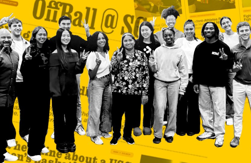 A collage shows a black and white image of students and faculty posing for a group photo over a gold news paper-like collage with the words "OffBall @ USC" visible.