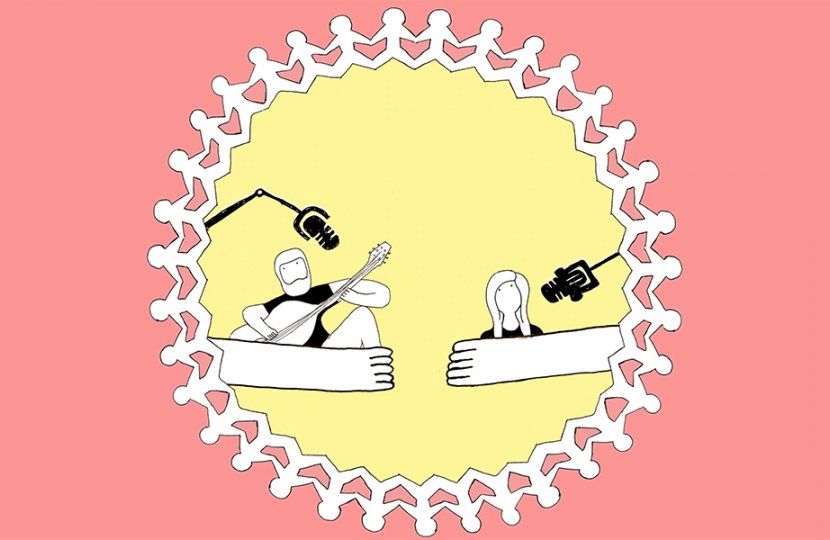 Illustration of two people talking into microphones