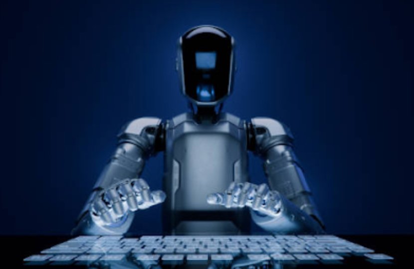A robot at a computer keyboard