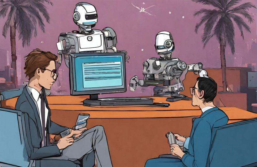 Two men working with robots