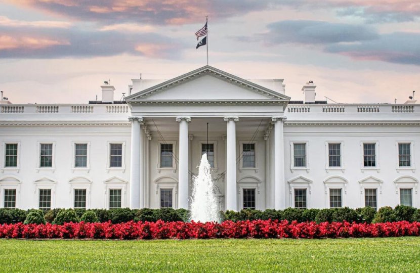 The White House at dusk.