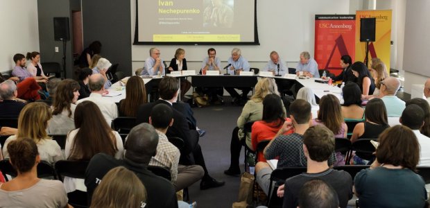 Panelists discuss “Covering Global Conflict: Ukraine & Ferguson,” in the first of a series of noontime conversations.