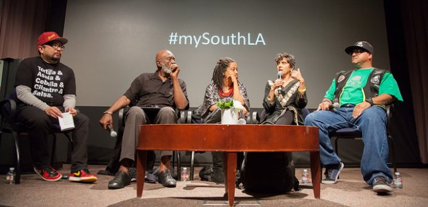 (left to right) USC Annenberg Postdoctoral fellow George Villanueva and Ben Caldwell of Kaos Network, Karen Mack of LA Commons, Neelam Sharma of Community Services Unlimited, and JP Partida of Los Ryderz at a Visions and Voices event. The event focused on South L.A. community leaders that shared their diverse and dynamic visions for food justice, urban agriculture, public art and recreation. Photo Credit: Brett Van Ort