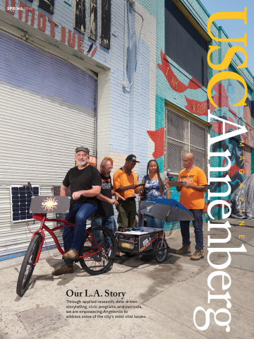 Cover image for the 2019 USC Annenberg magazine featuring Francois Bar on a bicycle