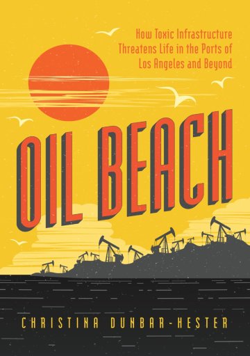 Oil Beach book cover with yellow background, orange sun and oil filled ocean. 