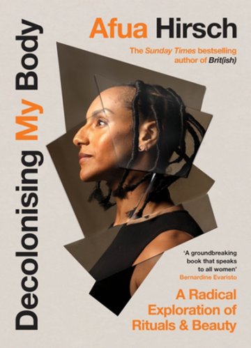 "Decolonizing My Body" book cover with black and orange text and image of the author in geometric shapes. 
