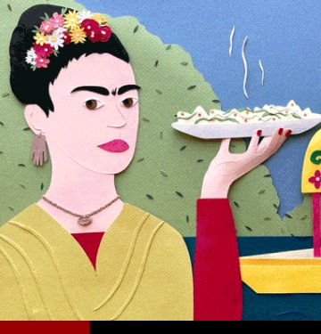 Illustration of Frida Kahlo holding a dish of food. 