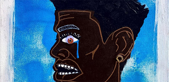 Illustration of a black man's face in a side profile, with one tear leaking from a red eye. In front of a blue background.